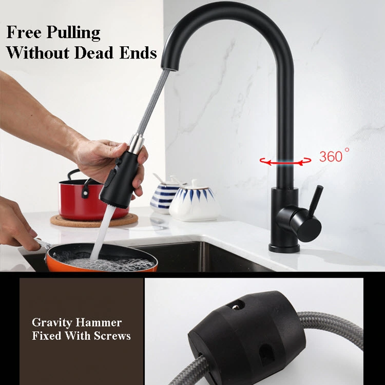 304 Stainless Steel Pull out Kitchen Faucet Luxury with Water Stop Button Mixer Faucet Black Matte