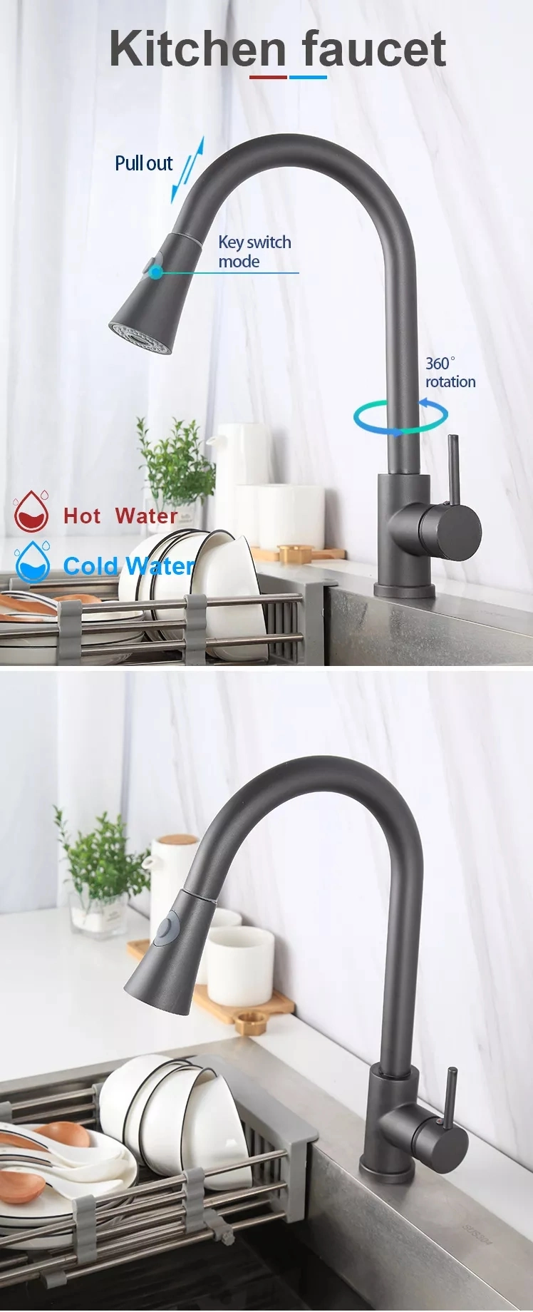 Luxury Design Pull out Kitchen Faucet Tap 8580 Single Hole 360 Degree Black Kitchen Faucet