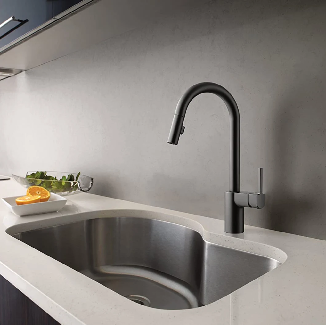 Aquacubic Modern Lead Free Cupc Metal Construction Matte Black Pull Down Single Hole Kitchen Faucets