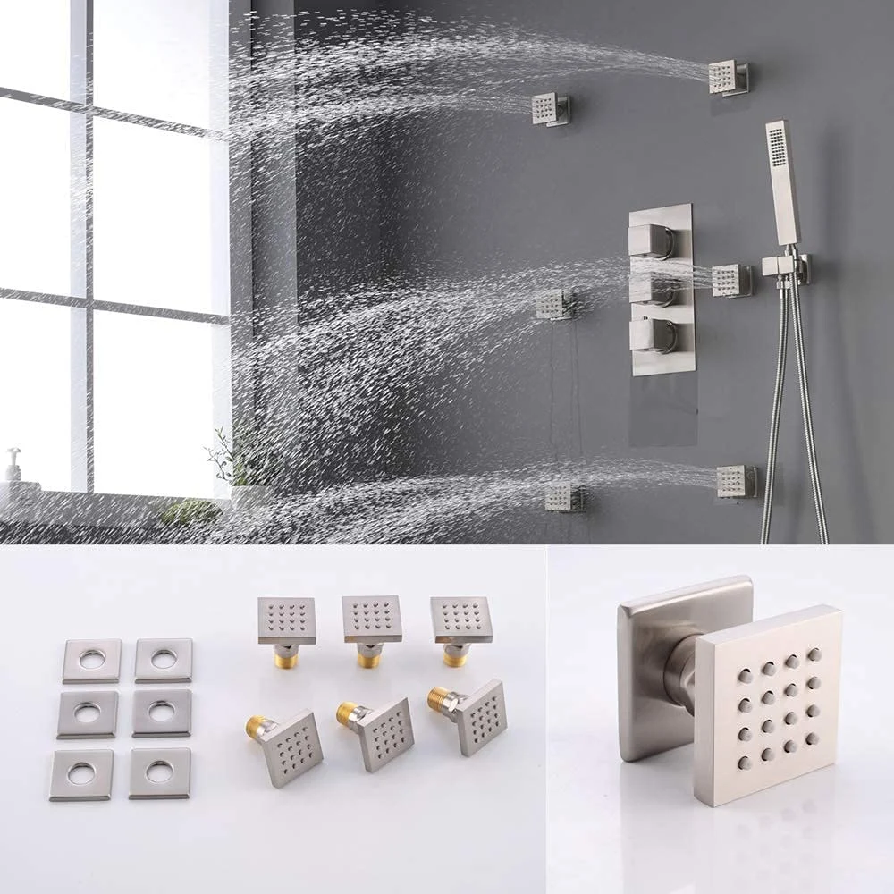 Luxury Brass Bathroom Brushed Nickel 12 Inch Rain Shower Head and Thermostatic Mixer Valve and 6 Massage Body Sprays and Handheld Showerhead Wall Mounted Shower